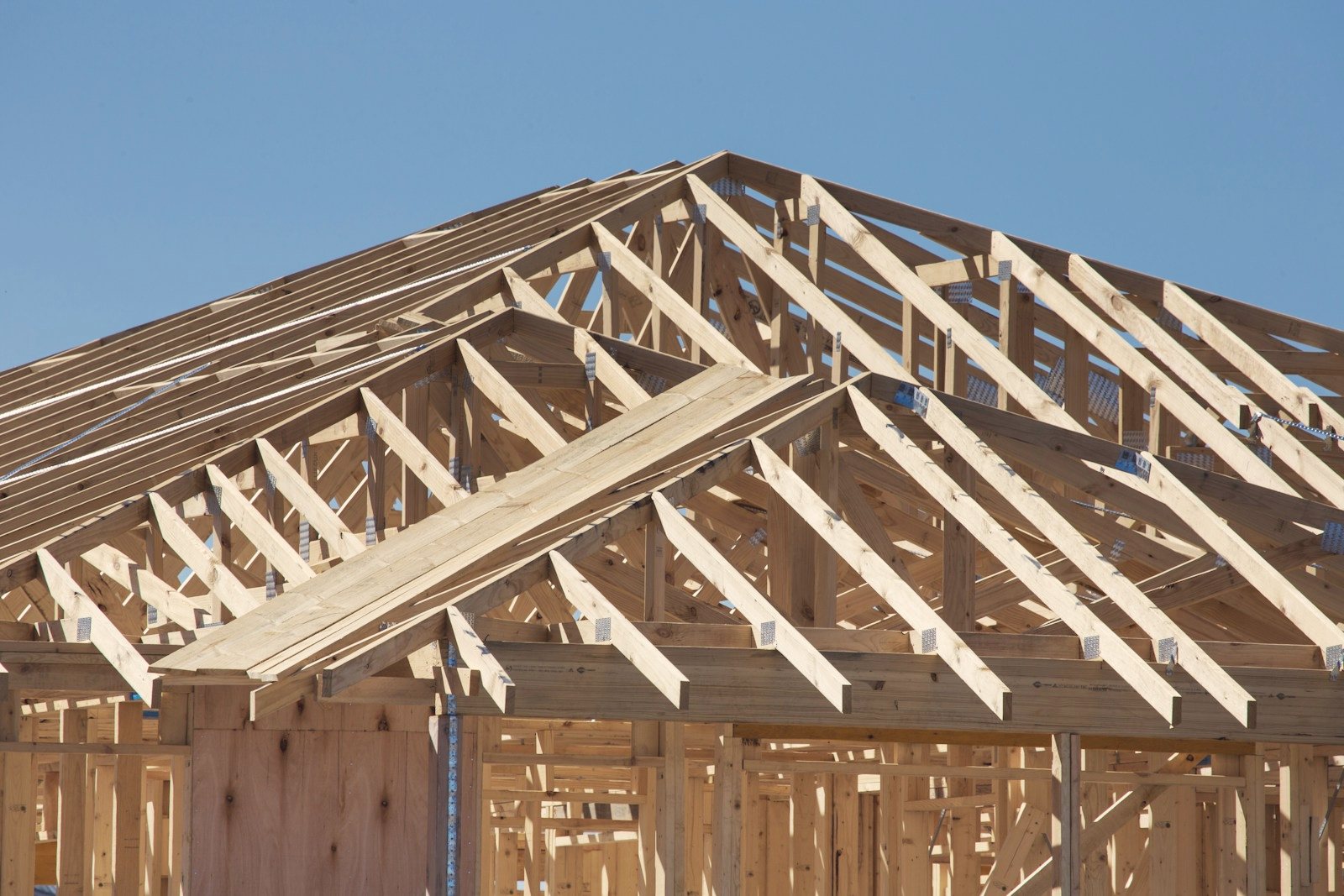 Timber roof framing under construction
